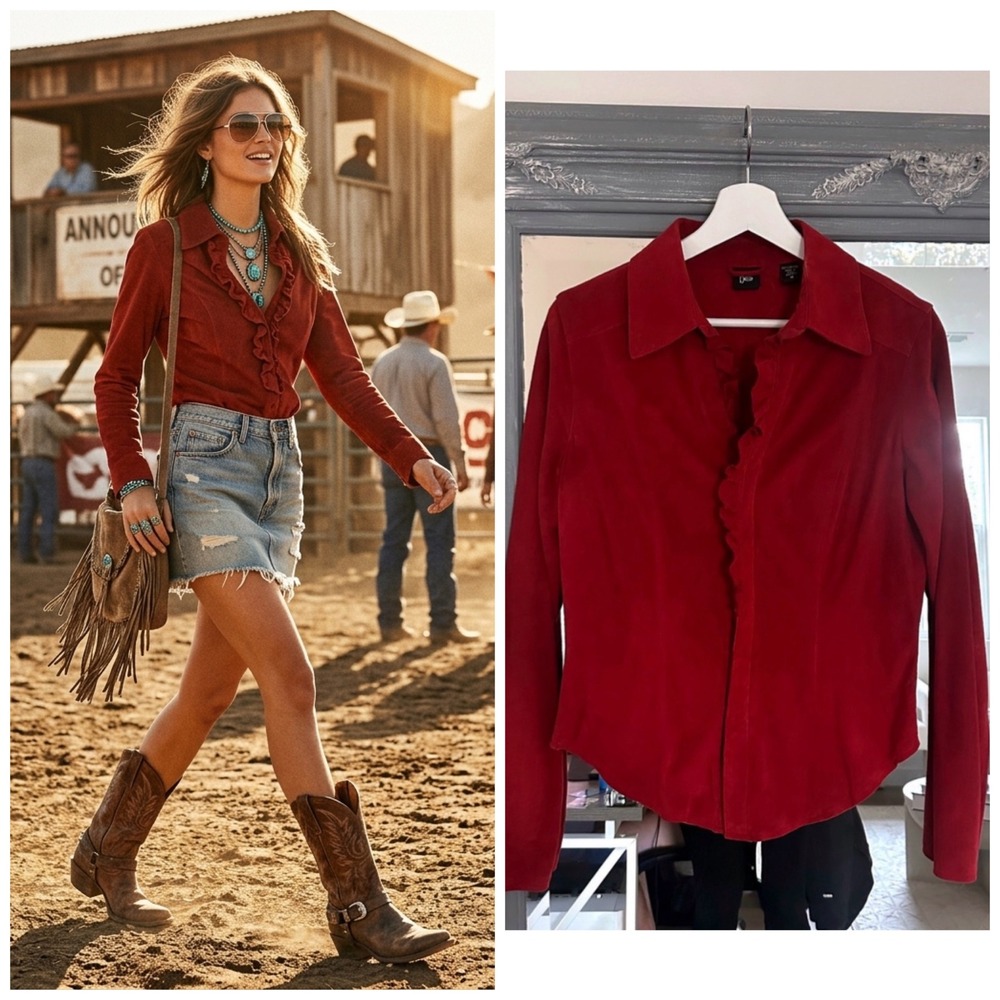 Bebe 90s Boho Western Red Suede 100% Leather Ruffle Button Down Top Rodeo M